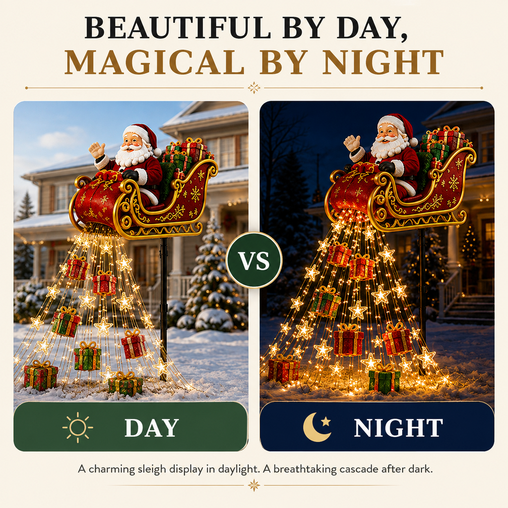 2026 New Santa’s Flying Sleigh Gift Cascade – Solar Christmas Garden Light