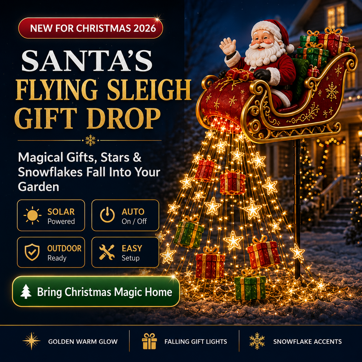 2026 New Santa’s Flying Sleigh Gift Cascade – Solar Christmas Garden Light