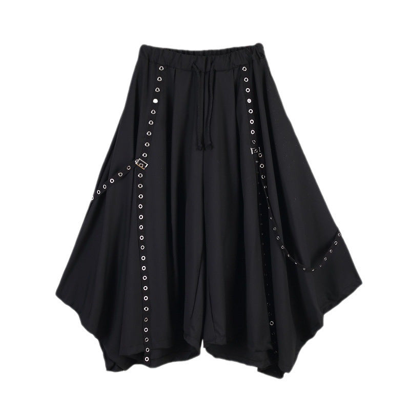 Goth Style Irregular Hem Ribbon Rivet Pantskirt