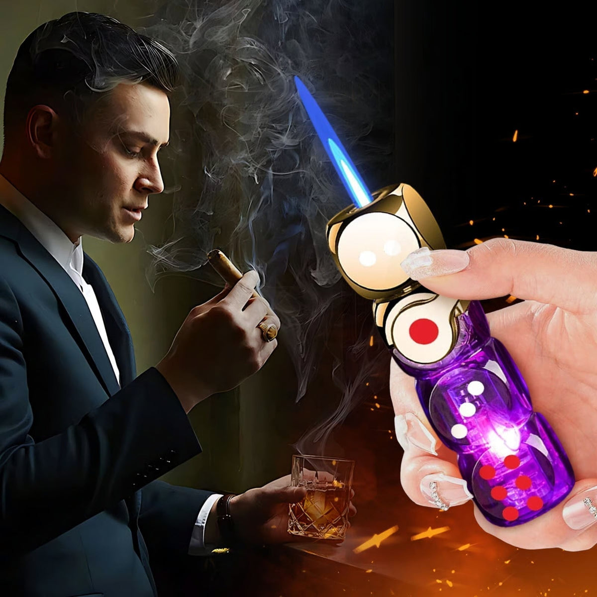 🎲 360° Spinning Dice Lighter 🔥 Windproof Jet Blue Flame, LED, Refillable EDC Gadget