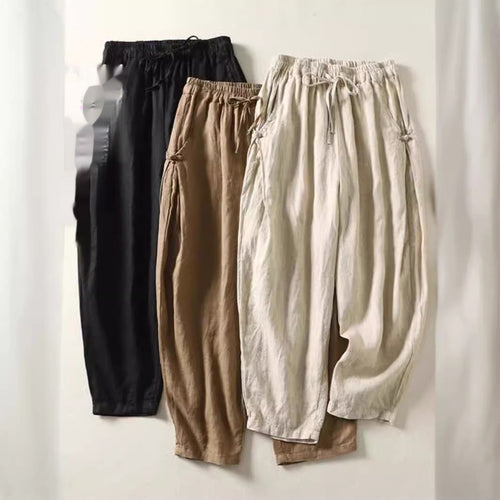 Casual Cotton Cropped Harem Pants with Buckle