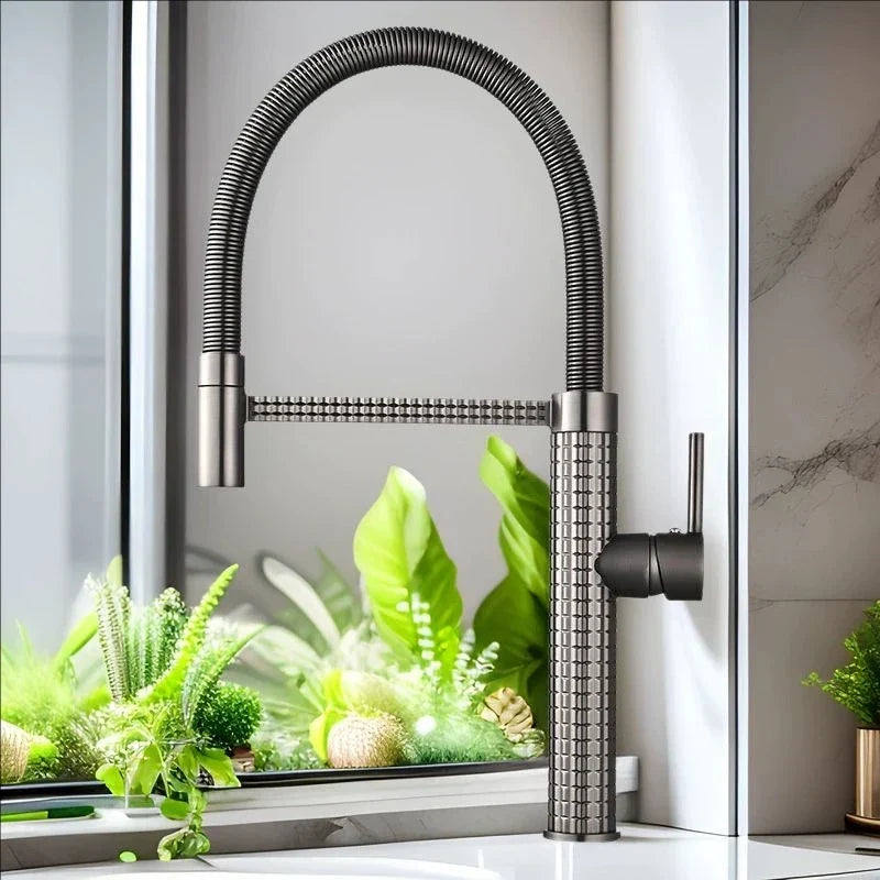 Spring Pull-Down Kitchen Faucet Brass Hot Cold Mixer Rubber Tube Tap